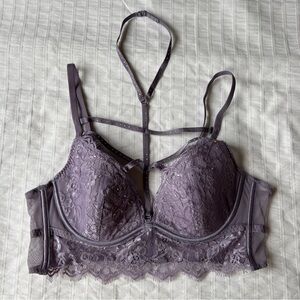 Adore Me Lavender Lace Rhinestone Cage Strap Halter Bra, 36B